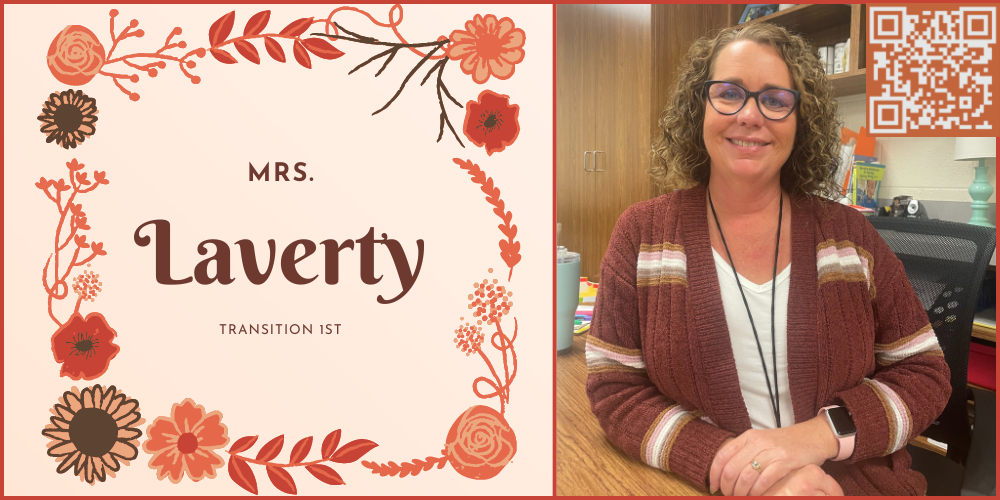 Mrs. Laverty photo and words with flower border