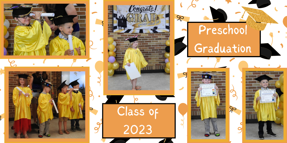Preschool Graduation, Class of 2023. students in caps and gowns, posing with diplomas and awards