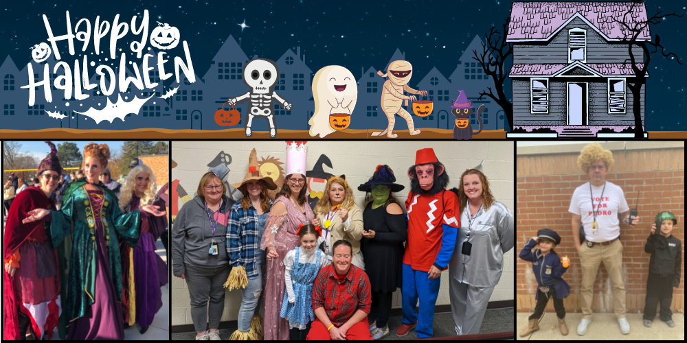 trick or treater graphic on top, staff and students in costume on bottom