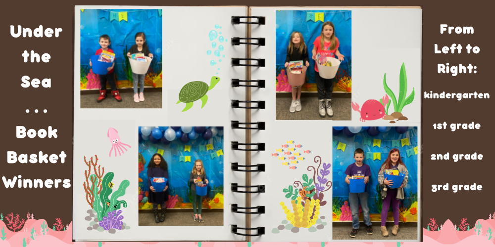 Under the Sea Book Basket Winners, from left to right, kindergarten, 1st grade, 2nd grade, 3rd grade