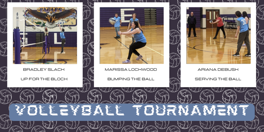 Volleyball Tournament pictures in polaroids: bradley slack up for the block, marissa lockwood bumping the ball, ariana debusk serving the ball