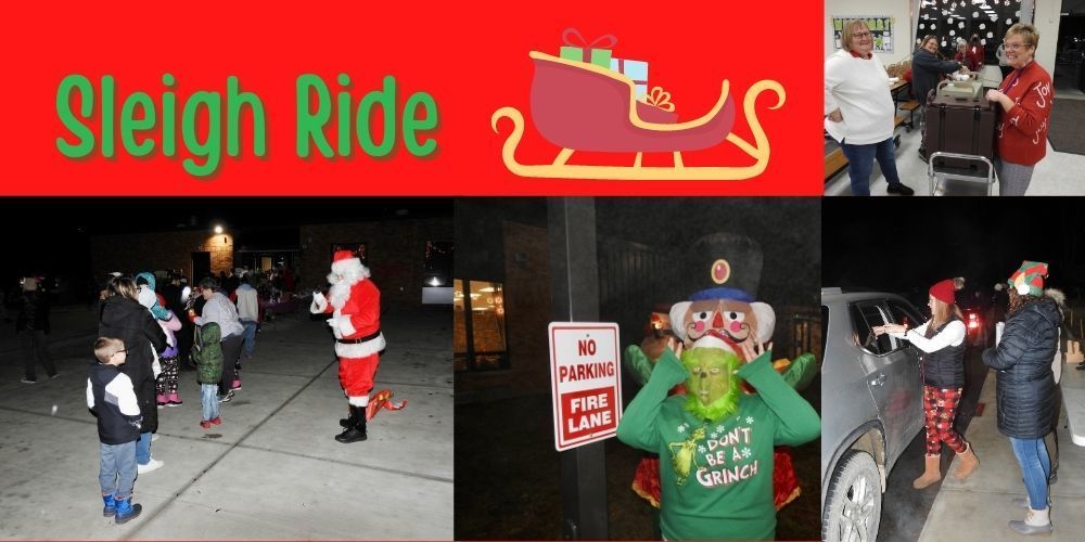 collage of images from the farwell elementary sleigh ride with the text "sleigh ride" at the top next to an image of santa's sleigh