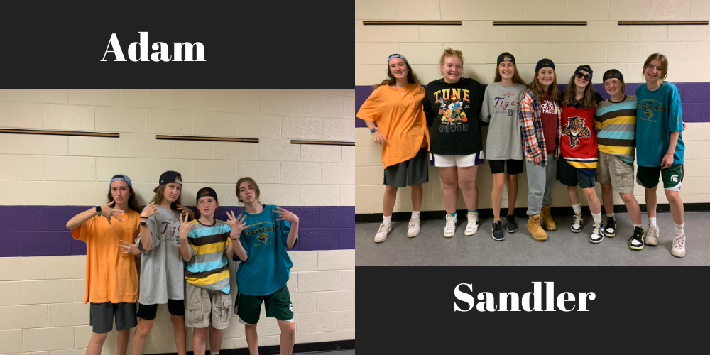 Collage of students lined up wearing Adam Sandler clothes with the text "Adam Sandler"  by the pictures 
