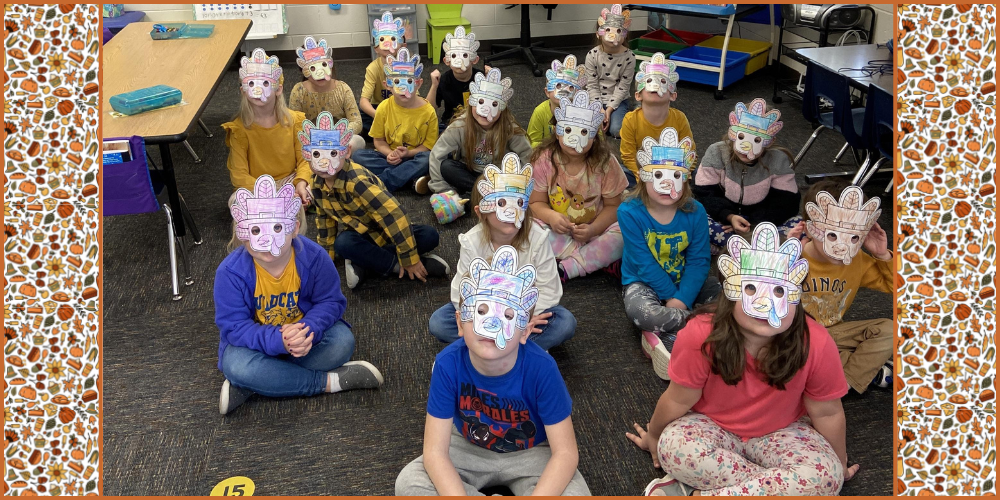 Kindergarteners with terrifying turkey masks on