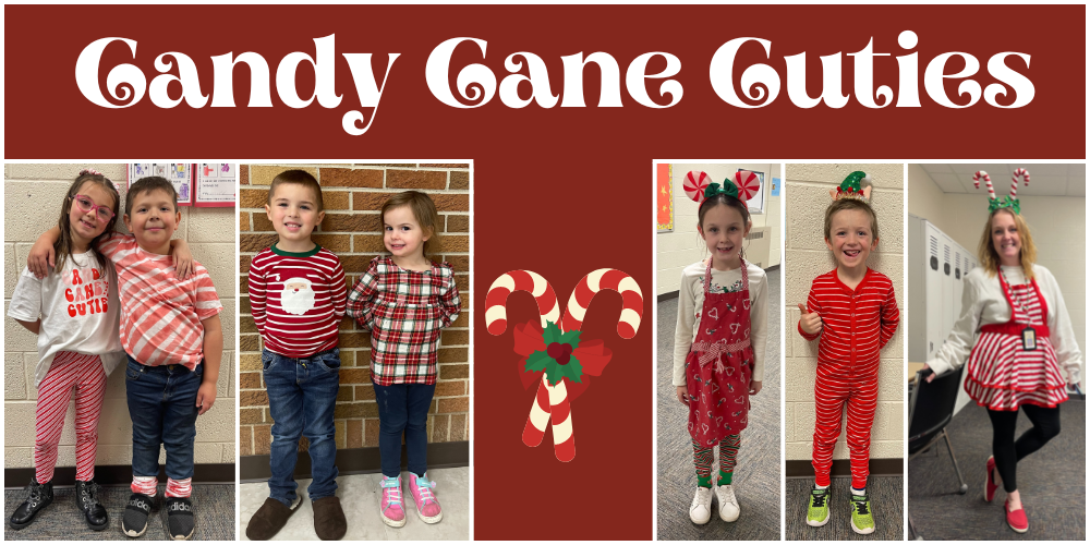 candy cane cuties. students and staff dressed in candy cane patterns