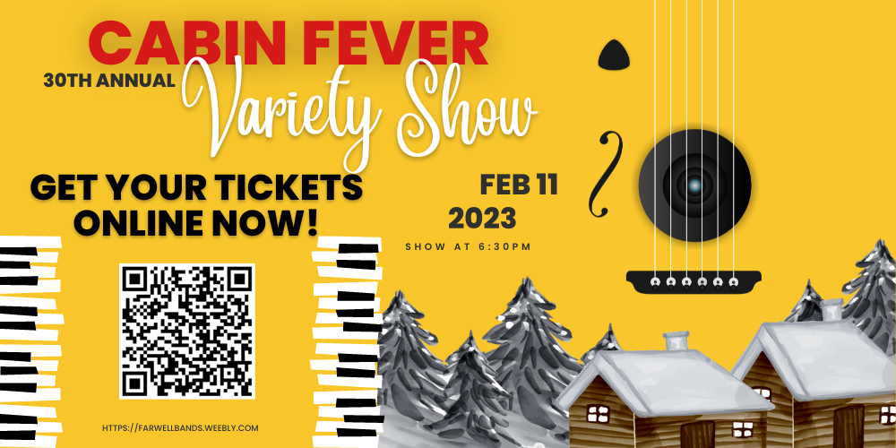 Cabin Fever Variety Show Tickets and cabins in the woods with keyboard and guitar
