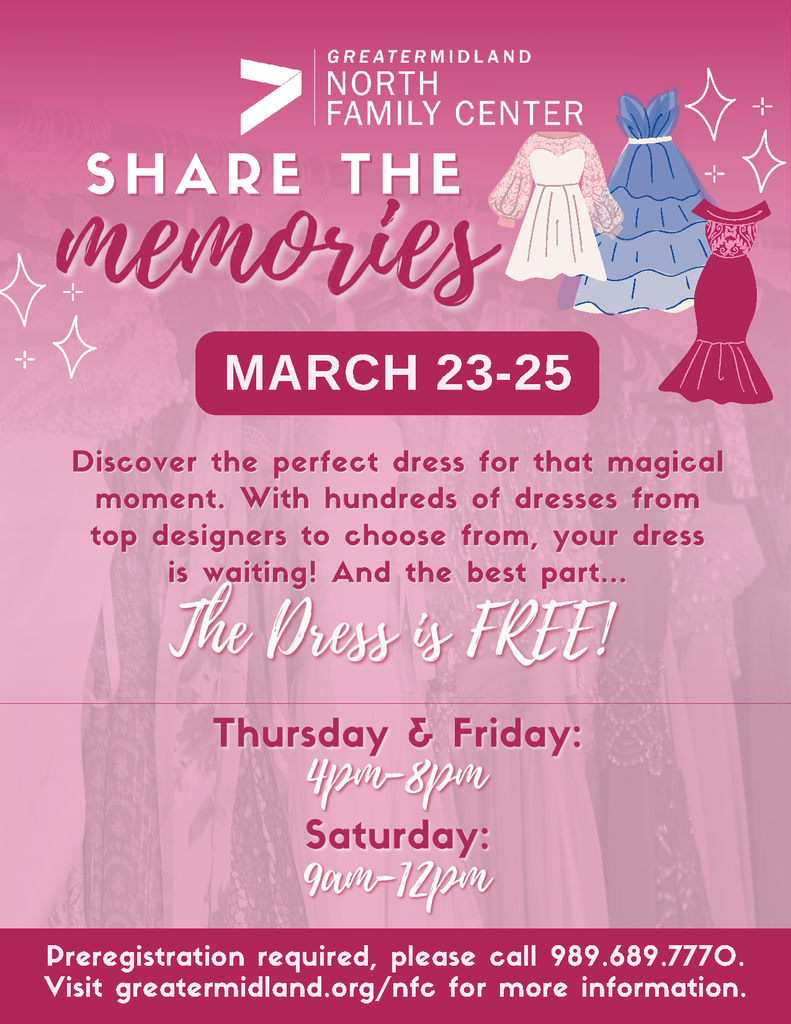Share the Memories Free Dress Drive Information - : March 23-25, discover the perfect dress for that magical moment. With hundreds of dresses from top designers to choose from, your dress is waiting! And the best part... The dress if FREE! Thursday and Friday 4pm-8pm. Saturday 9am-12pm. Registration Required. Please call 989.689.7770